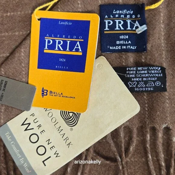 NWT Alfredo Pria Wool Scarf *TINY HOLE* Tan Pinstripe Biella Italy - Picture 2 of 12